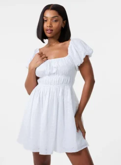 Broderie Puff Sleeve Mini Dress With Shorts