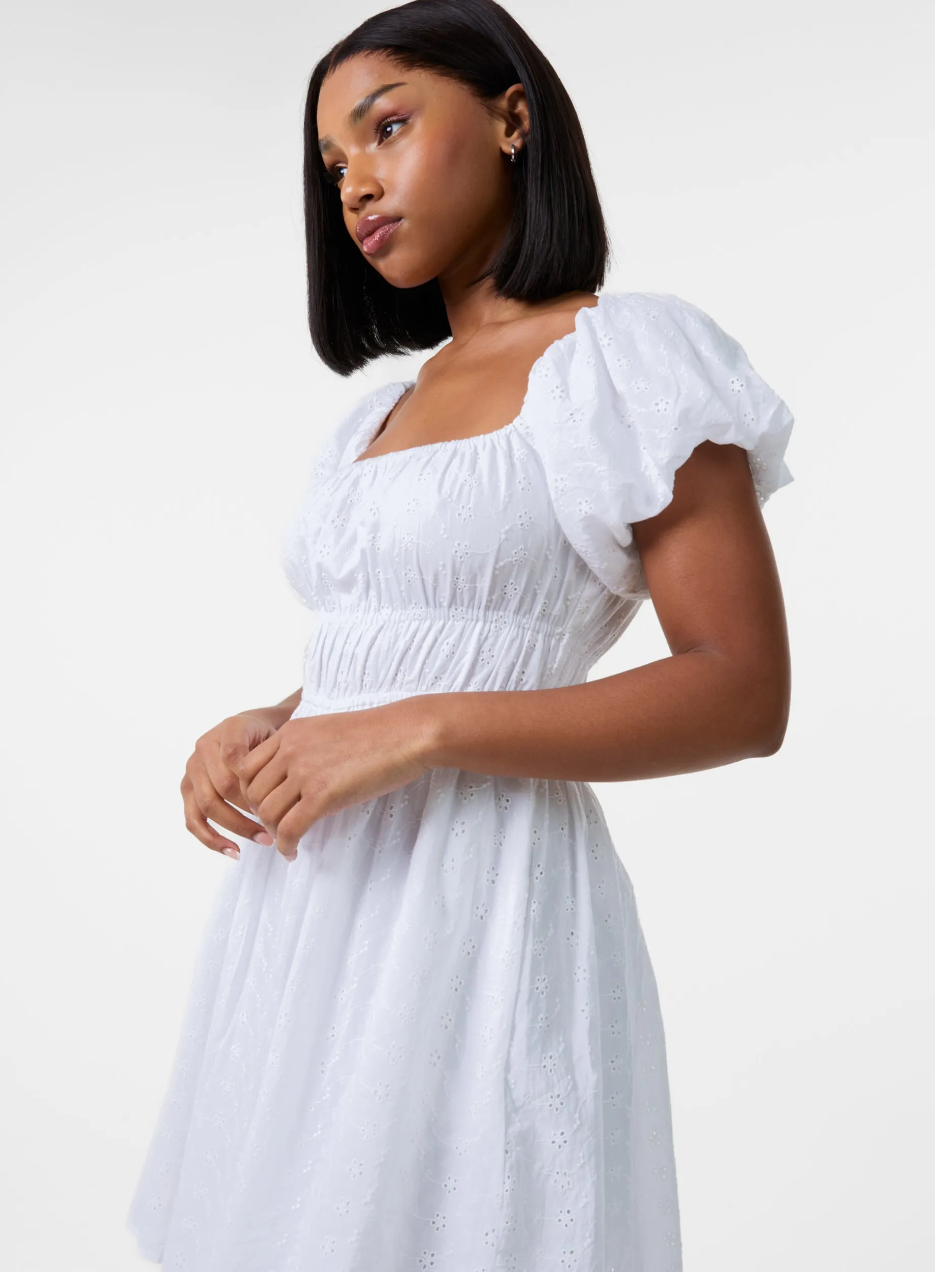 Broderie Puff Sleeve Mini Dress With Shorts