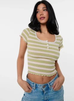 Cap Sleeve Stripe Lace Trim Top