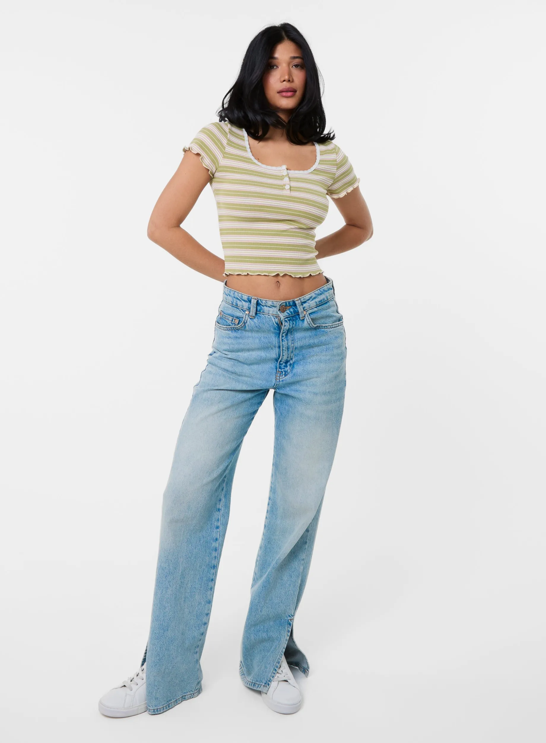 Cap Sleeve Stripe Lace Trim Top
