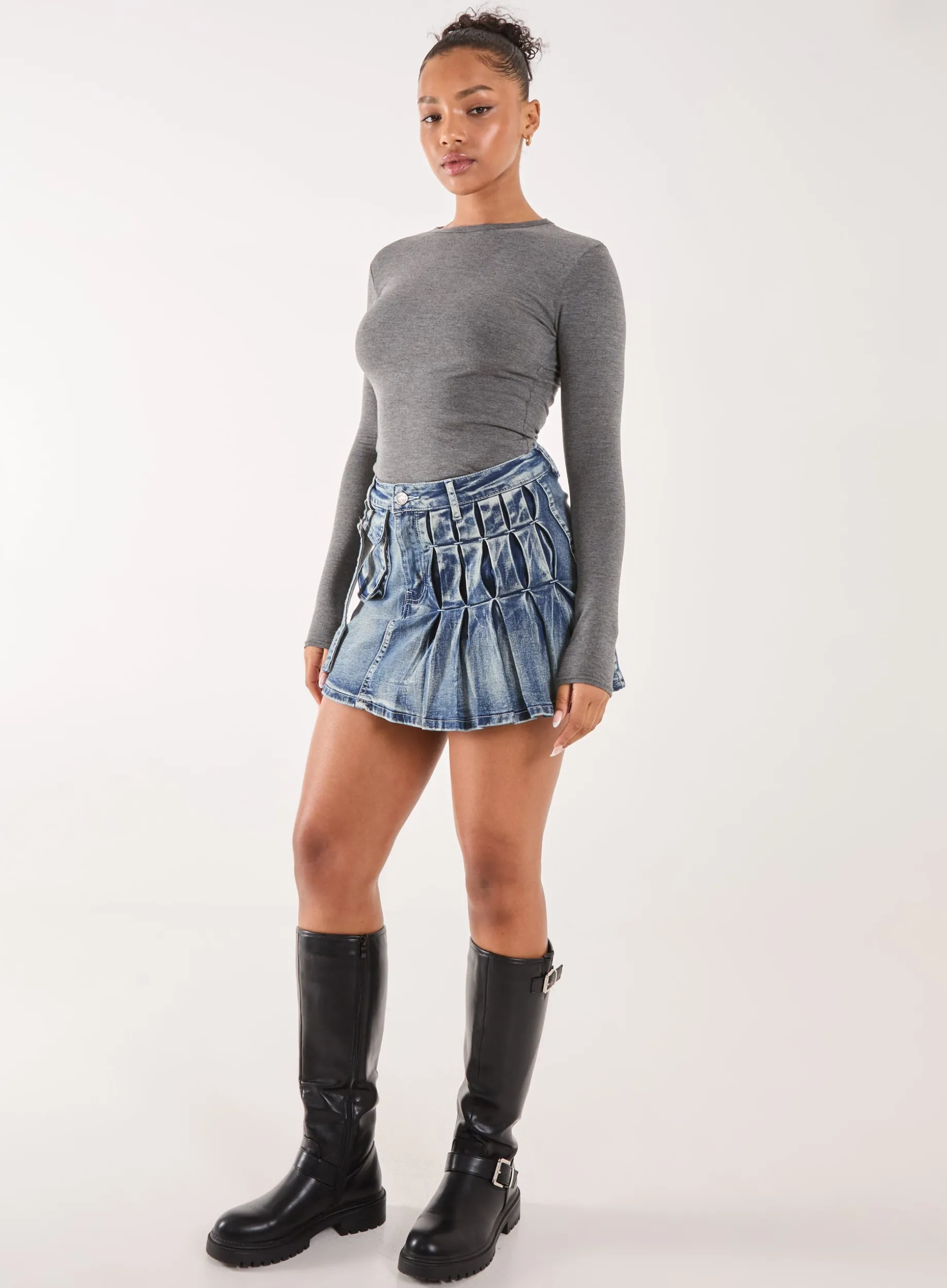Cargo Pocket Pleated Denim Mini Skirt