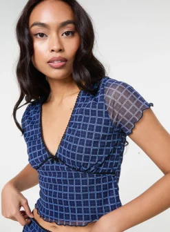 Check Cap Sleeve Crop Top