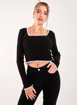 Contrast Stitch Long Sleeve Knit Top