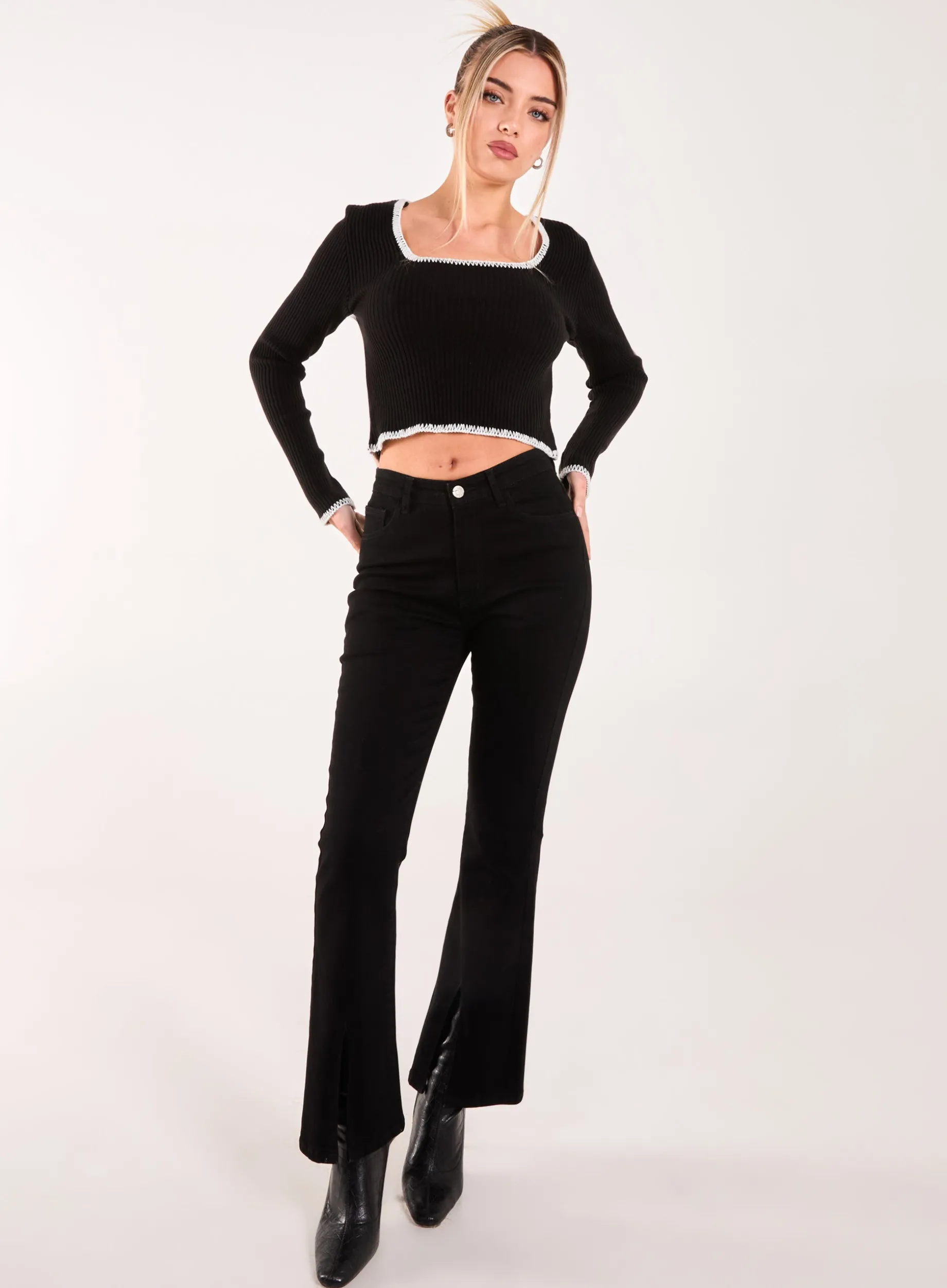 Contrast Stitch Long Sleeve Knit Top