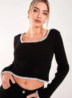 Contrast Stitch Long Sleeve Knit Top