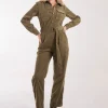 Corduroy Collar Long Sleeve Button Boilersuit