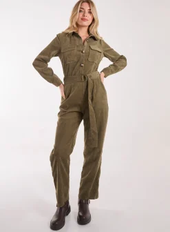 Corduroy Collar Long Sleeve Button Boilersuit