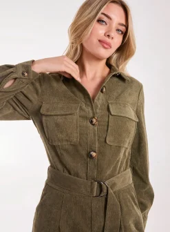 Corduroy Collar Long Sleeve Button Boilersuit
