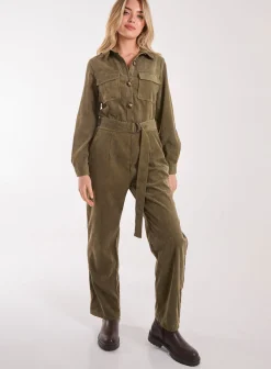 Corduroy Collar Long Sleeve Button Boilersuit