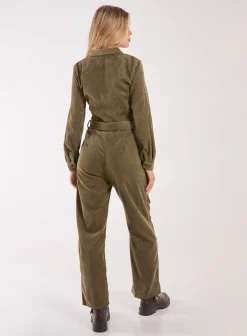 Corduroy Collar Long Sleeve Button Boilersuit