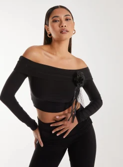 Corsage Detail Bardot Long Sleeve Top