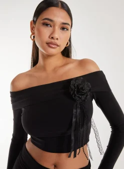 Corsage Detail Bardot Long Sleeve Top