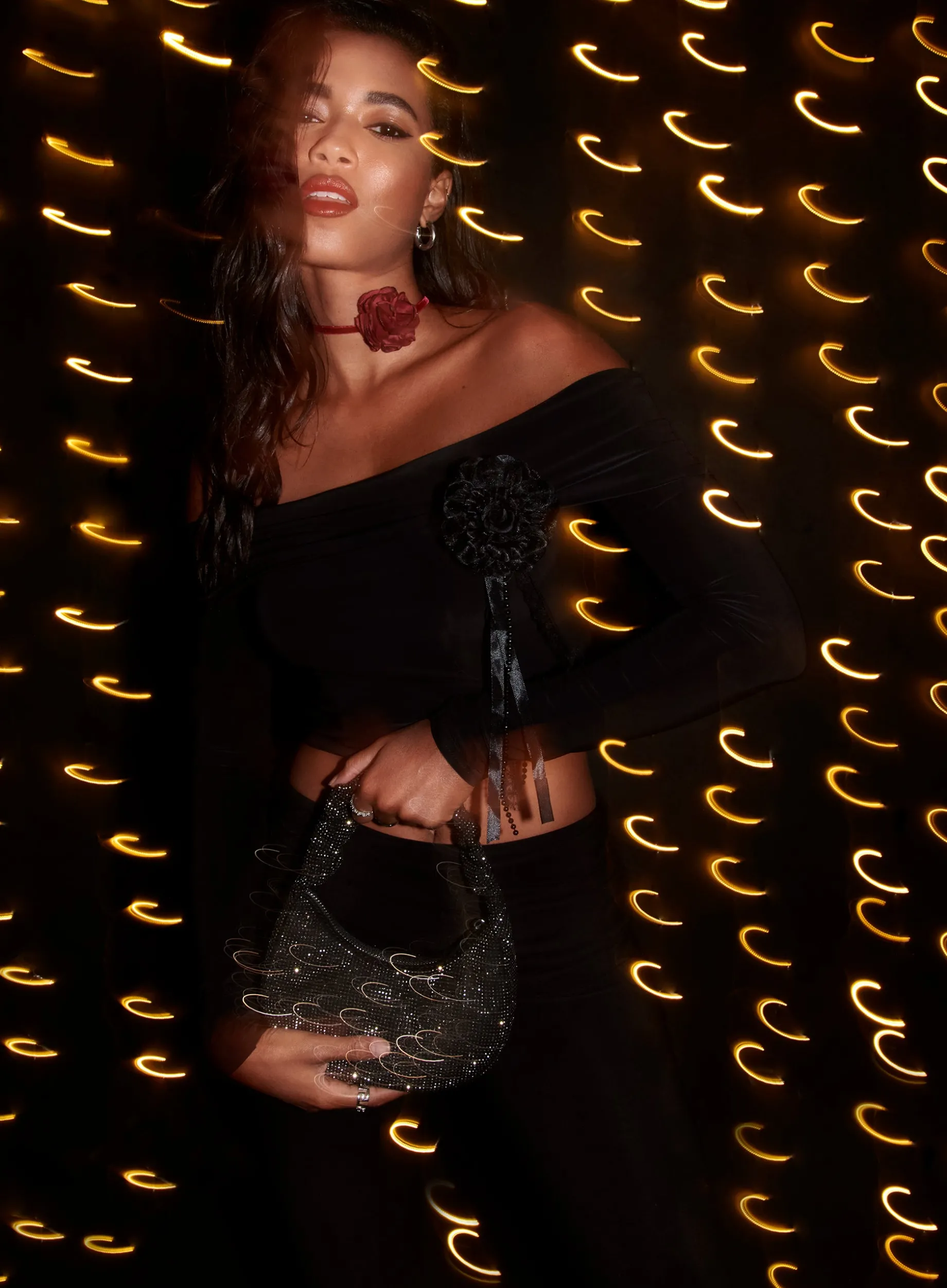 Corsage Detail Bardot Long Sleeve Top