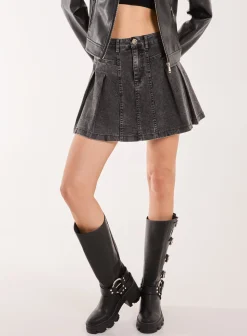 Denim Acid Wash Pleated Mini Skirt