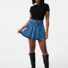 Denim Double Belt Pleat Mini Skirt