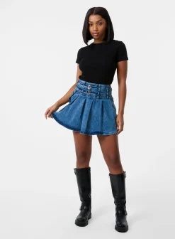 Denim Double Belt Pleat Mini Skirt