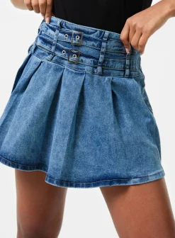 Denim Double Belt Pleat Mini Skirt