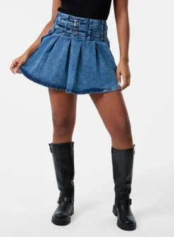 Denim Double Belt Pleat Mini Skirt