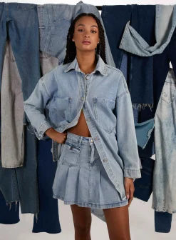 Denim Pleated Mini Skirt