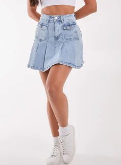 Denim Pleated Mini Skirt