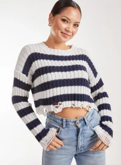 Distressed Striped Crop Knit Jumper