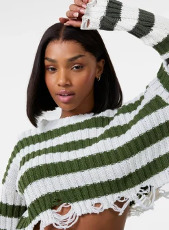 Distressed Striped Crop Knit Jumper