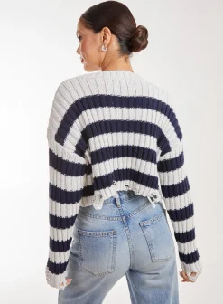 Distressed Striped Crop Knit Jumper