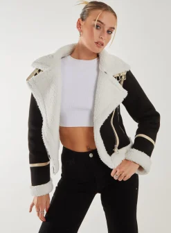 Faux Shearling Collar Zip Jacket