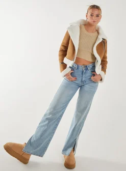Faux Shearling Collar Zip Jacket