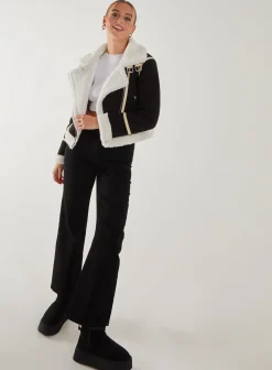 Faux Shearling Collar Zip Jacket