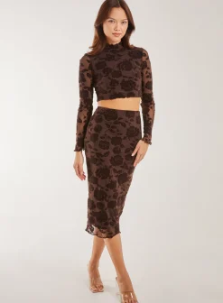Flocked Floral Midi Skirt
