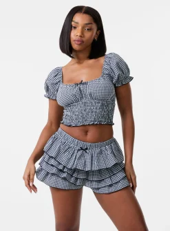 Gingham Puff Sleeve Crop Top