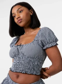 Gingham Puff Sleeve Crop Top