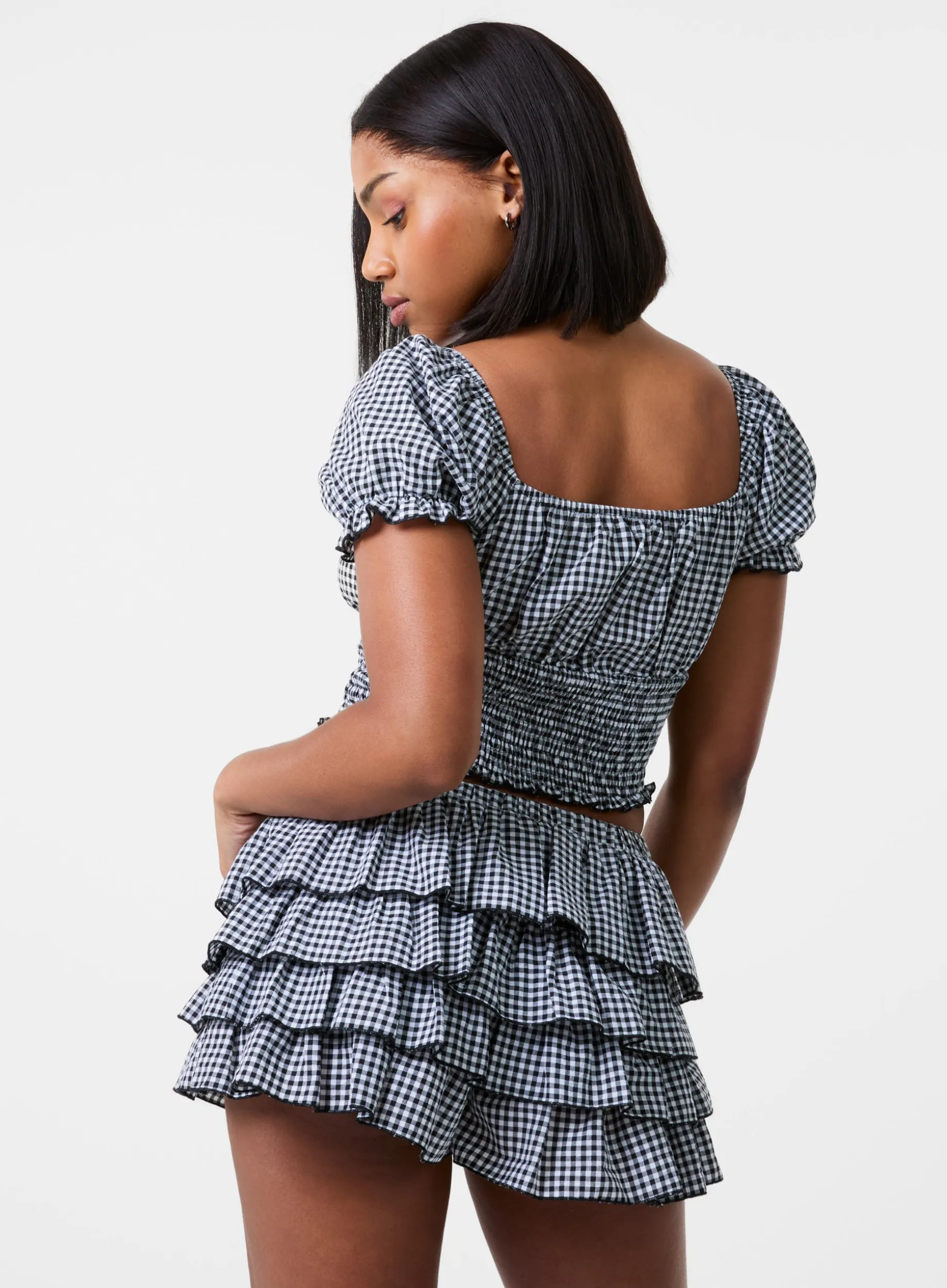 Gingham Puff Sleeve Crop Top