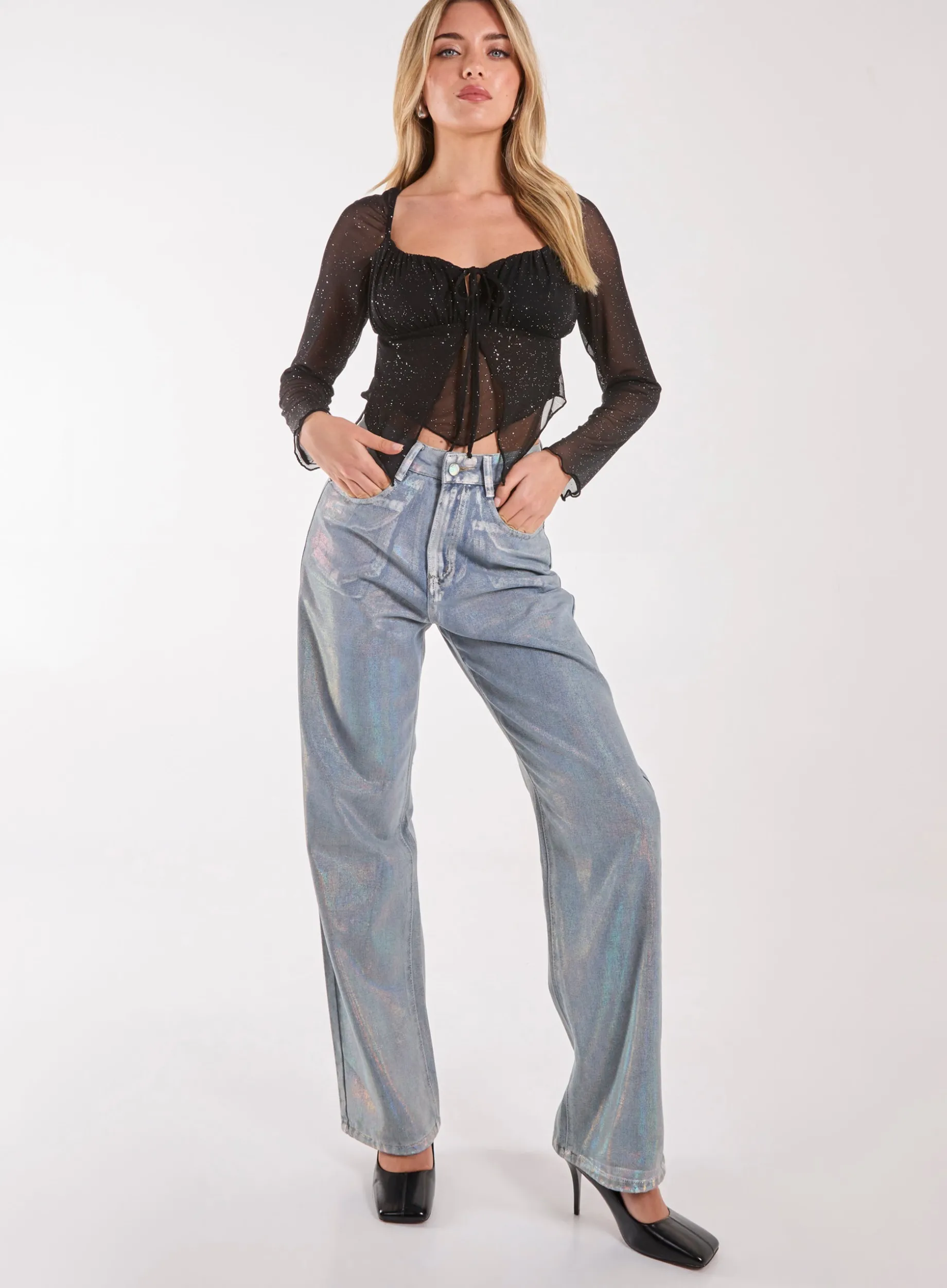 Glitter Long Sleeve Mesh Butterfly Top