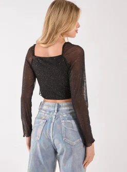 Glitter Long Sleeve Mesh Butterfly Top