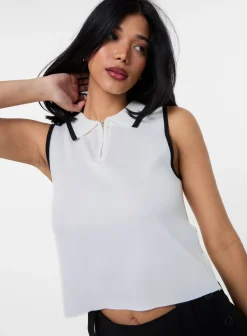 Half Zip Crop Polo Top With Contrast Piping