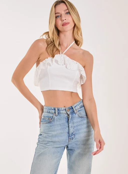 Halter Neck Broderie Frill Hem Crop Top