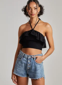 Halter Neck Broderie Frill Hem Crop Top