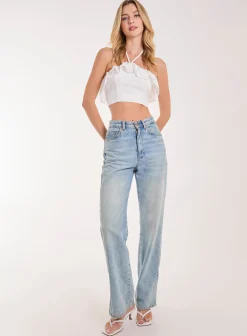 Halter Neck Broderie Frill Hem Crop Top