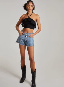 Halter Neck Broderie Frill Hem Crop Top