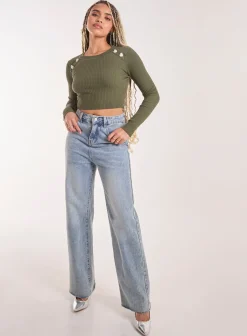 Heart Embellishment Rib Knit Top