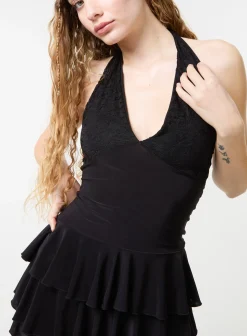 Lace Halter Neck Ruffle Playsuit