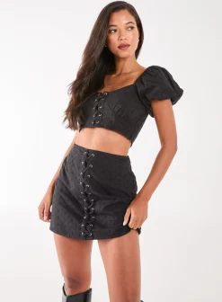 Lace Up Corset Puff Sleeve Crop Top