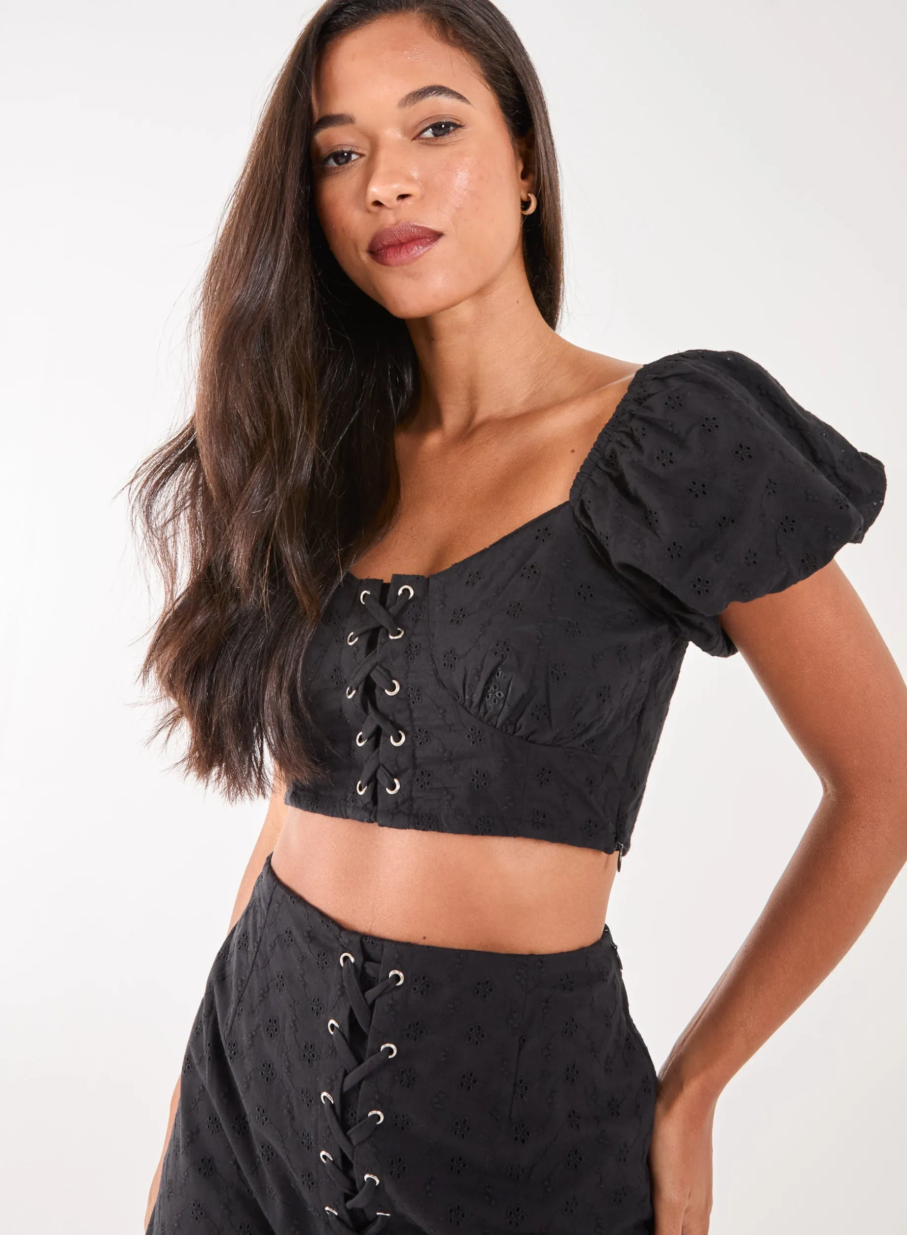 Lace Up Corset Puff Sleeve Crop Top