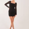 Long Sleeve Mesh Ruched Mini Dress