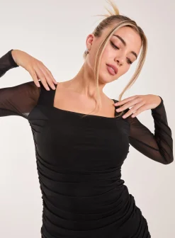 Long Sleeve Mesh Ruched Mini Dress