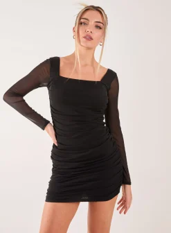 Long Sleeve Mesh Ruched Mini Dress