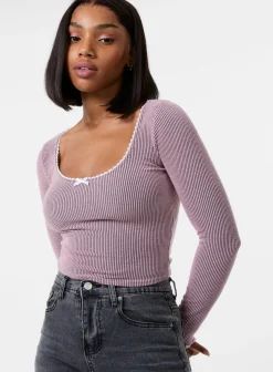 Long Sleeve Rib Top with Bow