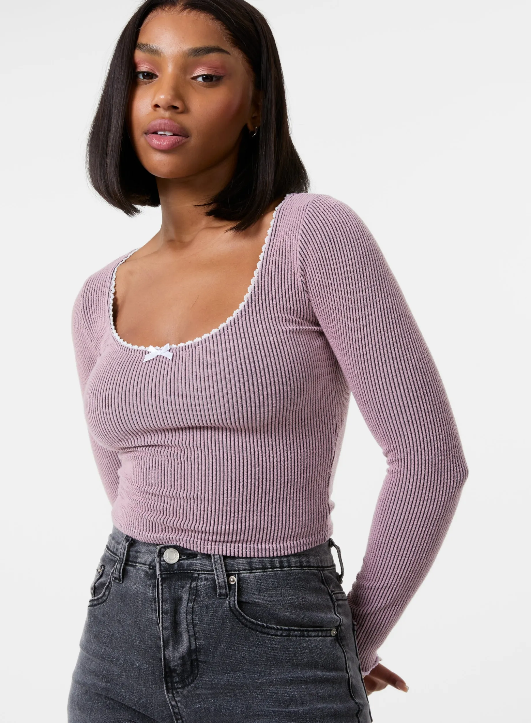 Long Sleeve Rib Top with Bow